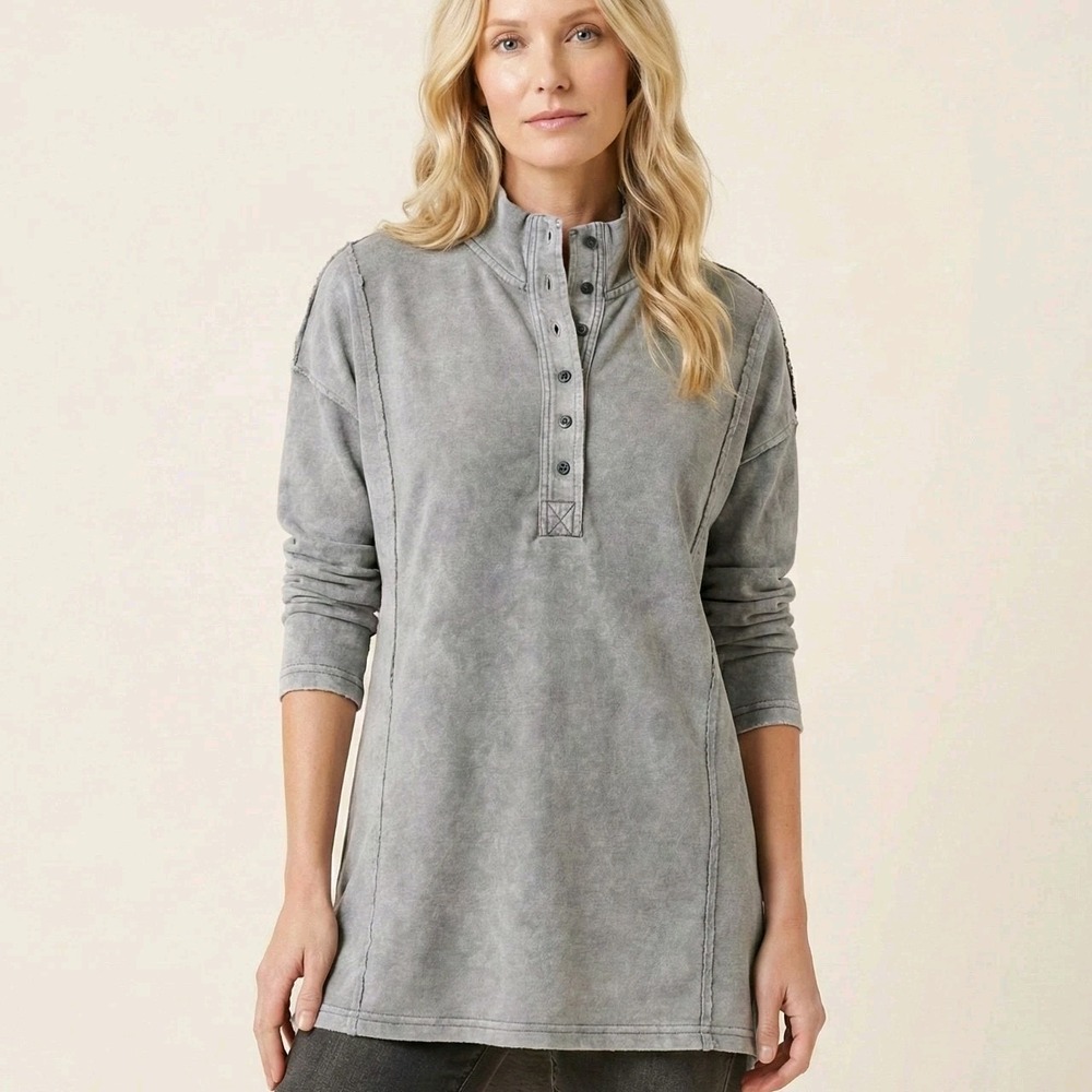 Soft Surroundings Gray Mineral Wash‎ Raw Edge Henley Sweatshirt Tunic Top